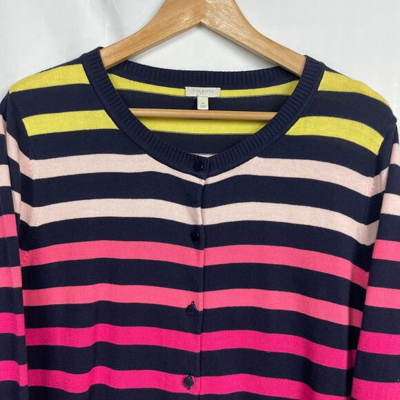 Talbots Striped Cardigan Size M Pink Yellow Navy Blue Button Down Twee Teacher - Picture 3 of 9